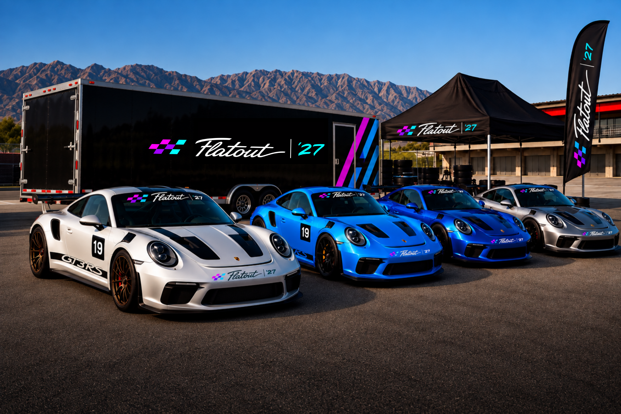 Flatout-branded Porsche track-day lineup, trailer, canopy, and flag in a mountain paddock