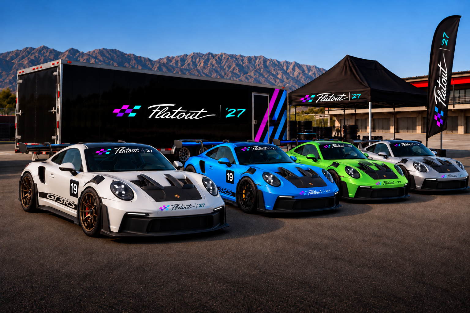 Flatout-branded Porsche track-day lineup, trailer, canopy, and flag in a mountain paddock